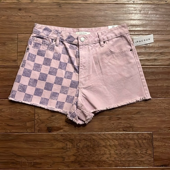 PacSun Pants - PacSun Eco Two-Tone Checkerboard High Waisted Denim Festival Shorts Size 28